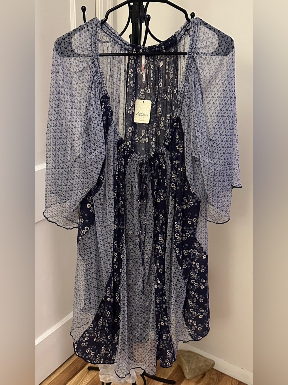 Free People Sheer Navy and Light Blue Floral Tunic Size Small